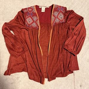 American Rag Women’s Open Front Blouse Size Large Embroidery Details Trim